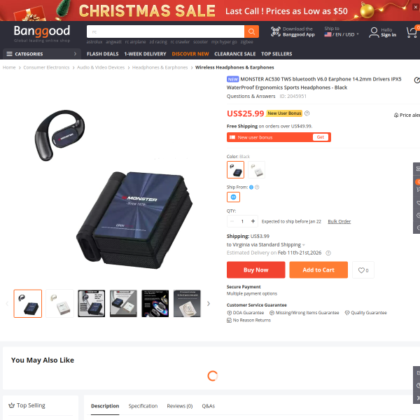 MONSTER AC530 TWS bluetooth V6.0 Earphone 14.2mm Drivers IPX5 WaterProof Ergonomics Sports Headphon