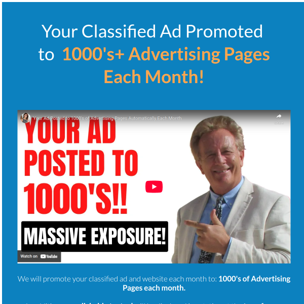 Your Classified Ad Promoted  to 1000's+ Advertising Pages