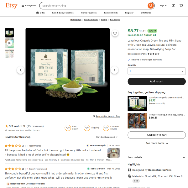 Luxurious Organic Green Tea and Mint Soap with Green Tea Leaves, Natural Skincare, essential oil