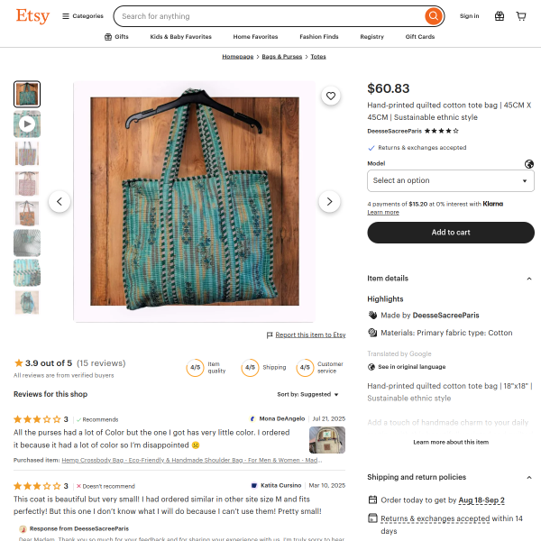 Colorful Hand-Printed Quilted Cotton Tote Bag - 45cm x 45cm, handmade tote bag, washable tote.