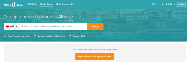 MobileTopup.com Albania top-up page