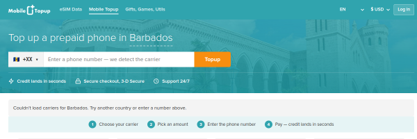 MobileTopup.com Barbados top-up page