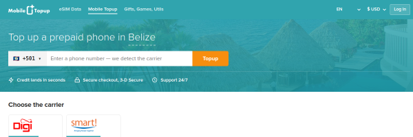 MobileTopup.com Belize top-up page