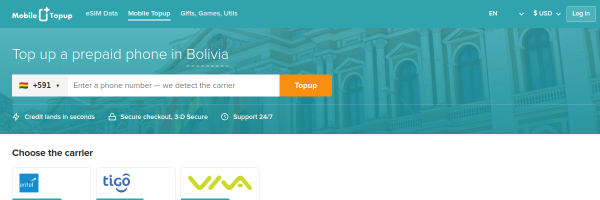 MobileTopup.com Bolivia top-up page