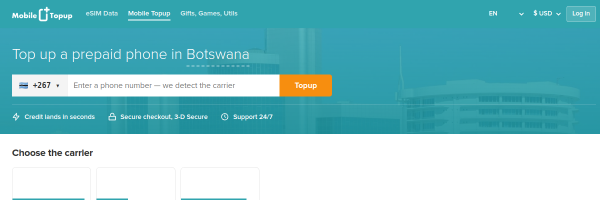 MobileTopup.com Botswana top-up page
