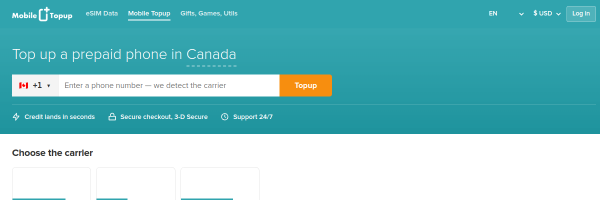 MobileTopup.com Canada top-up page