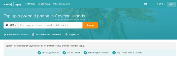 MobileTopup.com Cayman Islands top-up page