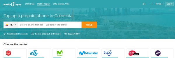 MobileTopup.com Colombia top-up page