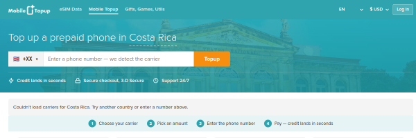 MobileTopup.com Costa Rica top-up page