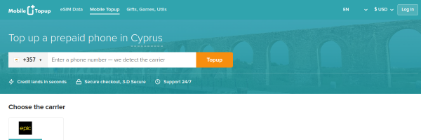 MobileTopup.com Cyprus top-up page