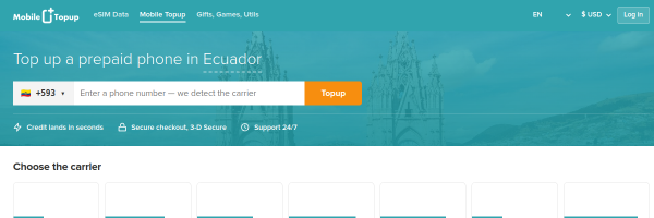 MobileTopup.com Ecuador top-up page