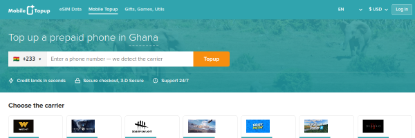 MobileTopup.com Ghana top-up page