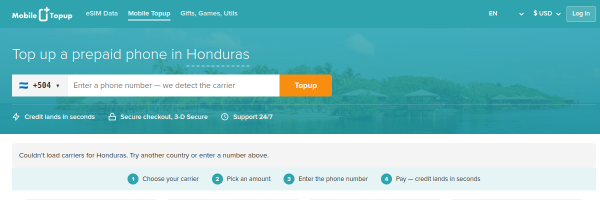 MobileTopup.com Honduras top-up page