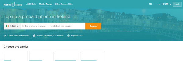 MobileTopup.com Ireland top-up page