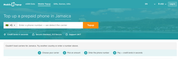MobileTopup.com Jamaica top-up page