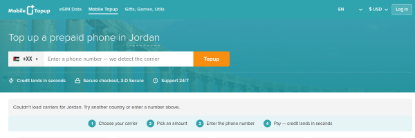 MobileTopup.com Jordan top-up page