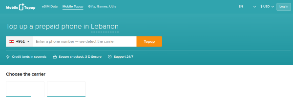 MobileTopup.com Lebanon top-up page