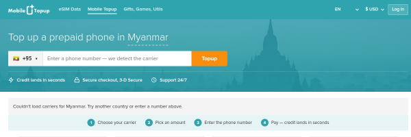 MobileTopup.com Myanmar top-up page