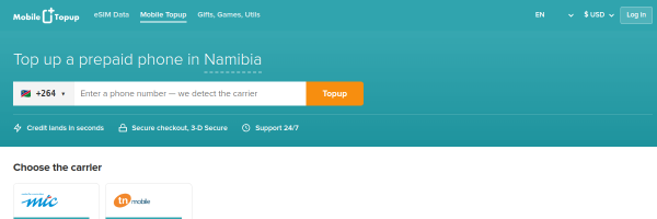 MobileTopup.com Namibia top-up page