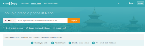 MobileTopup.com Nepal top-up page