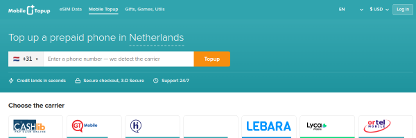 MobileTopup.com Netherlands top-up page