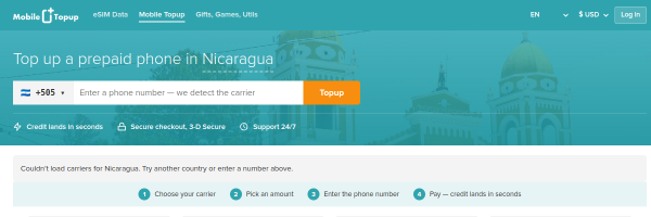 MobileTopup.com Nicaragua top-up page