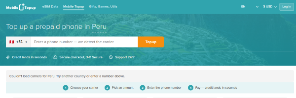 MobileTopup.com Peru top-up page