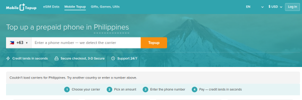 MobileTopup.com Philippines top-up page
