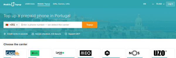 MobileTopup.com Portugal top-up page