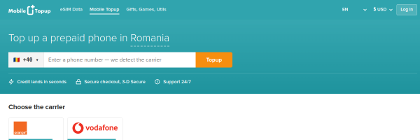MobileTopup.com Romania top-up page