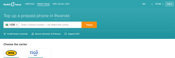MobileTopup.com Rwanda top-up page