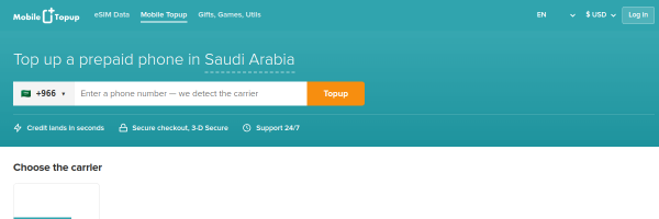 MobileTopup.com Saudi Arabia top-up page