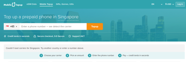 MobileTopup.com Singapore top-up page
