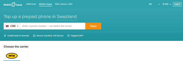 MobileTopup.com Eswatini top-up page