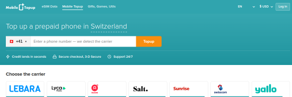 MobileTopup.com Switzerland top-up page