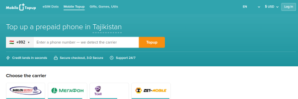 MobileTopup.com Tajikistan top-up page