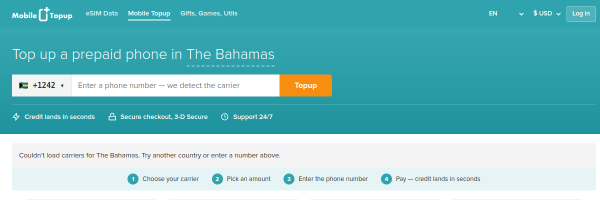 MobileTopup.com Bahamas top-up page