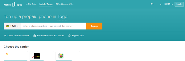 MobileTopup.com Togo top-up page