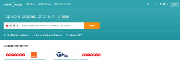 MobileTopup.com Tunisia top-up page