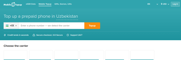 MobileTopup.com Uzbekistan top-up page