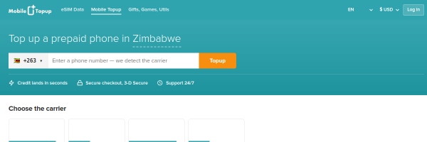 MobileTopup.com Zimbabwe top-up page