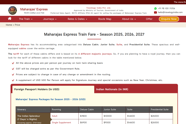 Maharajas’ Express Fare & Luxury Train Booking
