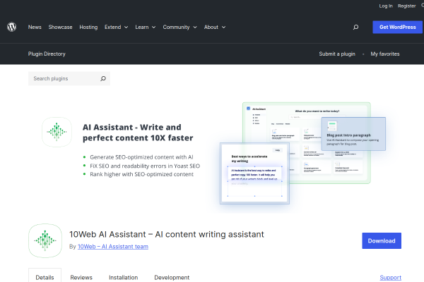 Screenshot of 10Web AI Assistant – AI content writing assistant homepage