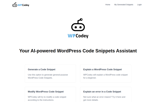 Screenshot of WPCodey homepage
