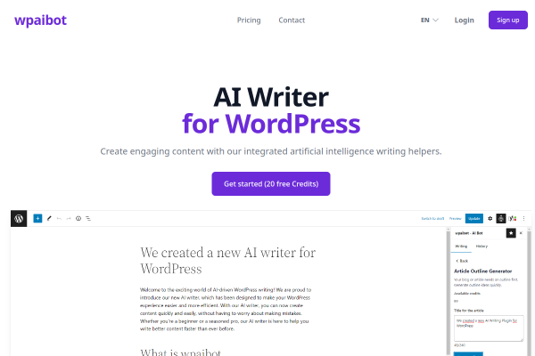 Screenshot of wpaibot (AI Writer) homepage