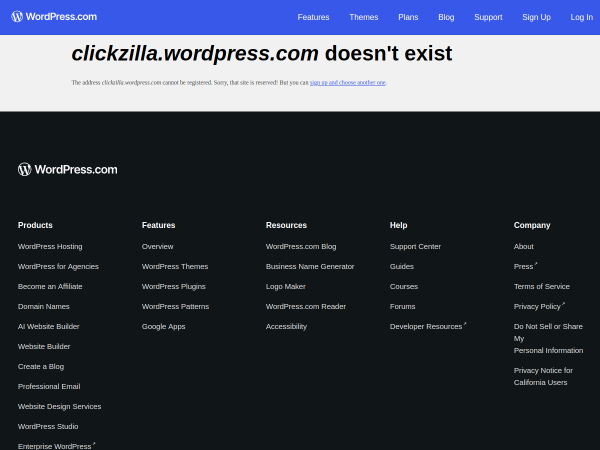 Screenshot of clickzilla website.