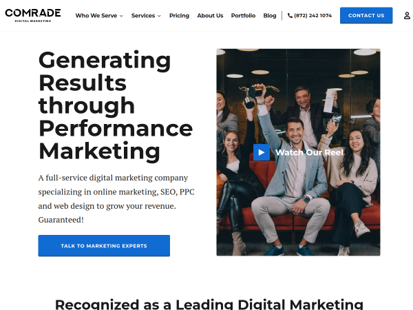 Screenshot of comrade digital marketing website.