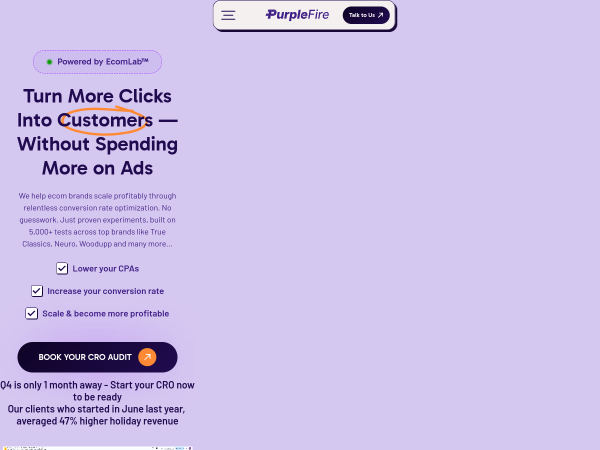 Screenshot of purplefire website.