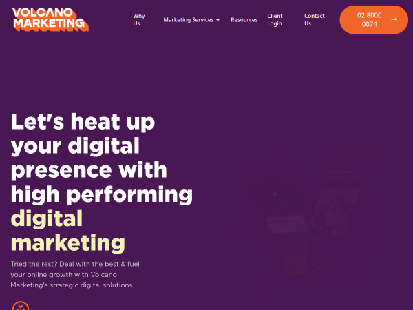 Screenshot of volcano marketing website.