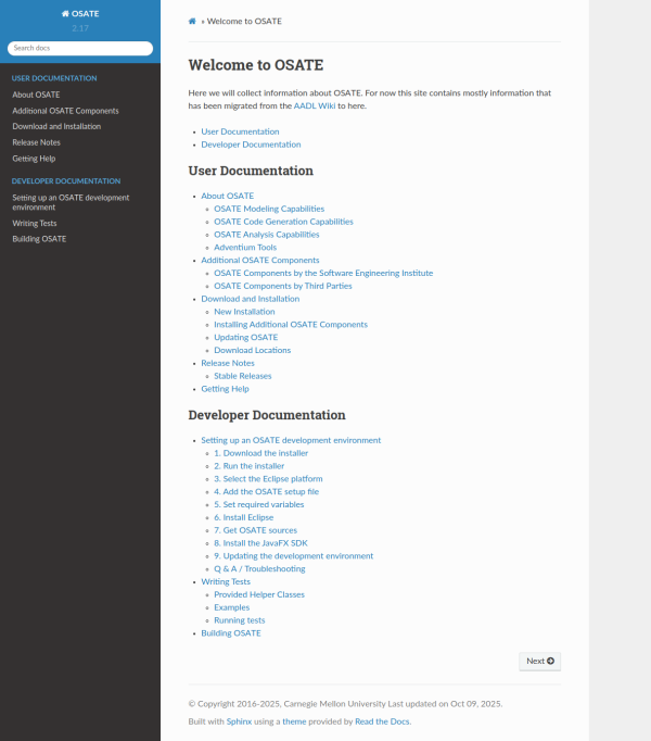 Screenshot of OSATE website